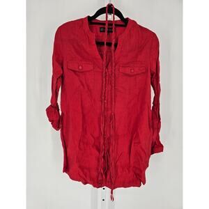 Lady Hathaway Womens Sz L Long Sleeve 100% Linen Button Up Tunic Shirt Red